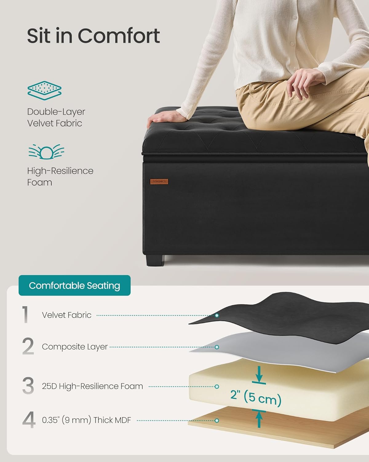 SONGMICS Velvet Storage Ottoman Bench, Foot Rest with Legs, 15.7 x 43 x 15.7 Inches, End of Bed Bench, Storage Chest, Load up to 660 lb, for Living Room, Bedroom, Entryway, Ink Black ULSF089B02