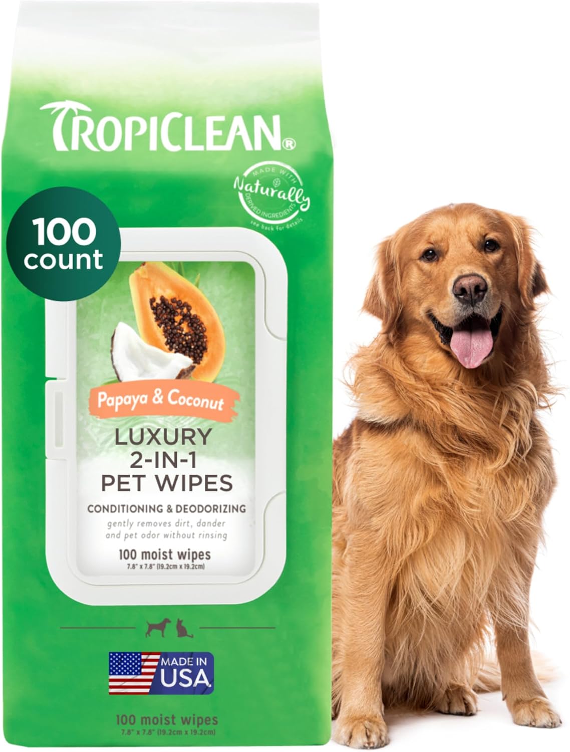 TropiClean Papaya & Coconut Luxury 2-in-1 Pet Wipes, 100ct - Wipes for Dogs & Cats - Gently Removes Dirt, Dander & Smells - for Pet Paws, Face, Body & Bottom - Tropical Papaya & Coconut Scent