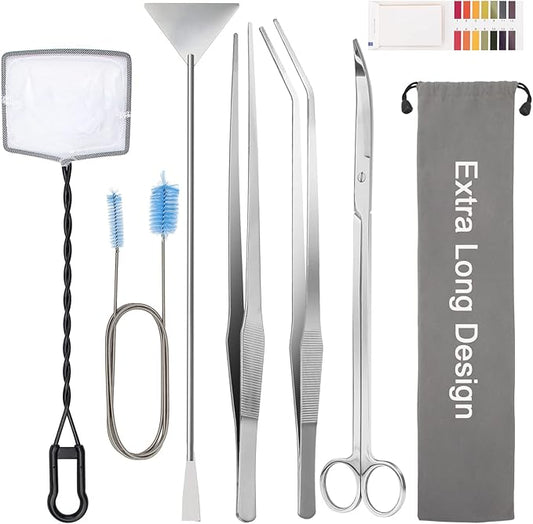 Extra Long Aquarium Aquascaping Tools Kit 8 in 1, Liveek Stainless Steel Aquarium Plant Tools Long Fish Tank Aquascape Tweezers Scissors Scrapers, PH Paper, Fish Net, Aquascape Clean Brush, Bag