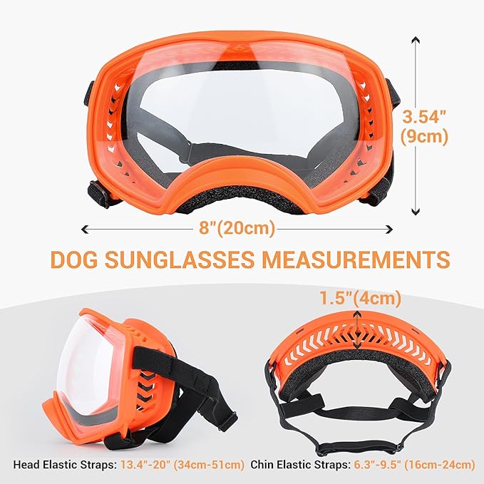 Dog Sunglasses UV Protection Clear Dog Goggles Windproof Glasses with Elastic Straps for Medium-Large Breed, Orange Frame + Clear Lens