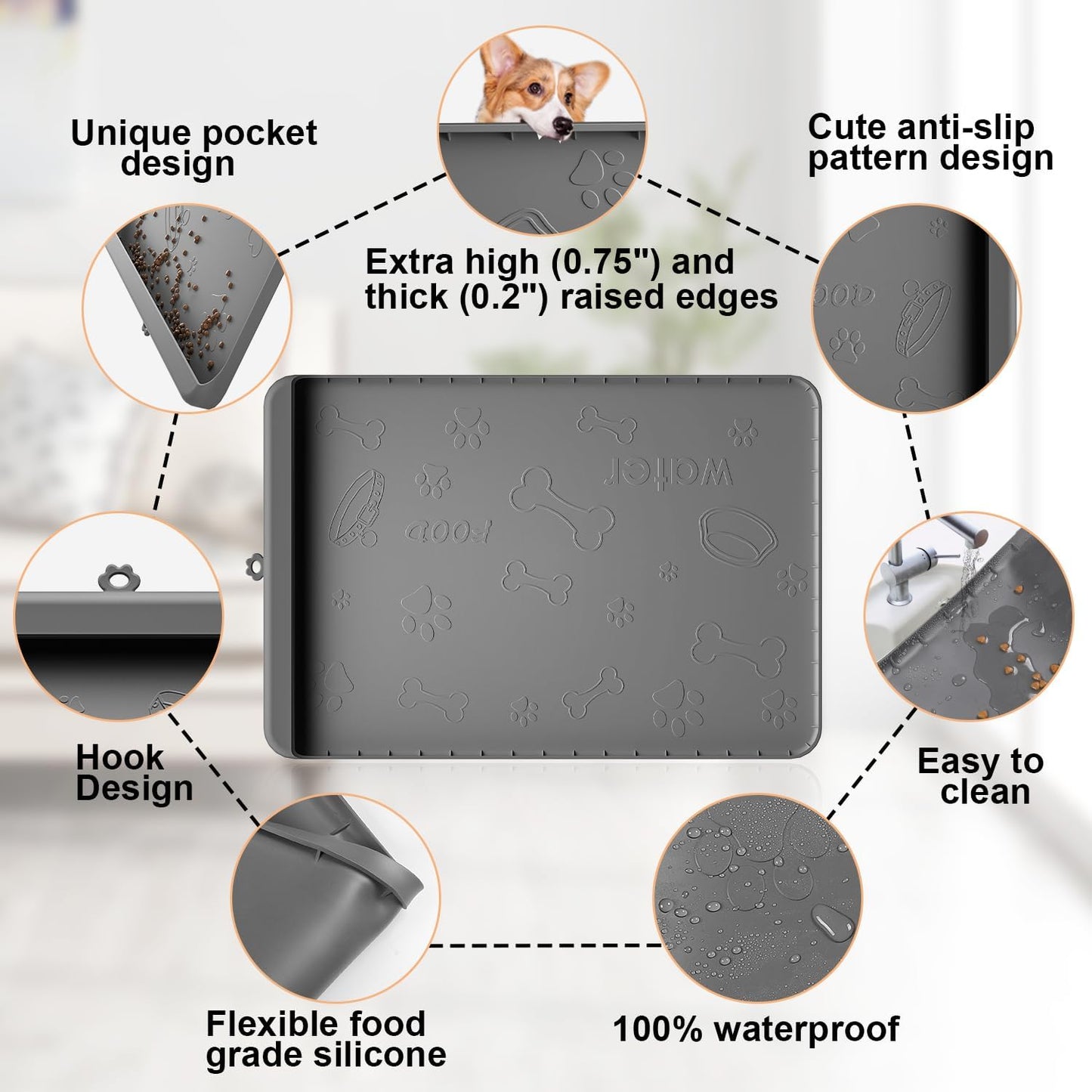 Dog Food Mat - Silicone Dog Mat for Water - 19" x 12" Pet Feeding Mats with Residue Collection Pocket - Waterproof Cat Bowl Mat with High Edges to Prevent Water Food Spills (Gray)
