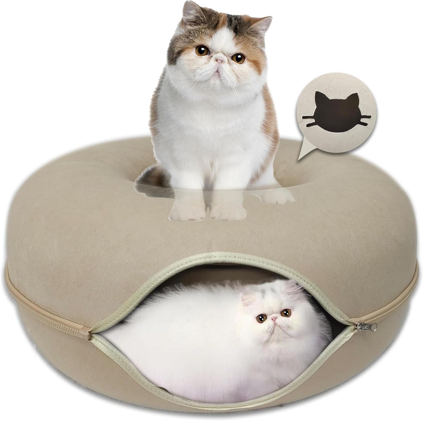Donut Cat Tunnel Bed Peekaboo Cat Cave for Large Cats Up to 30 Lbs, Kitty Interactive Playing Tent House for Multiple Cats,Detachable,Scratch Resistant (Beige, Large - 24 Inch Diameter)
