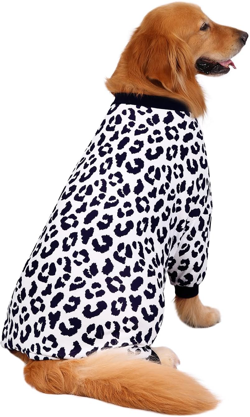 HDE Dog Pajamas One Piece Jammies Jumpsuit Pet Clothes Outfit Stretchy Lightweight Comfy Shirt Pjs for M-3XL Dogs Snow Leopard - 3XL