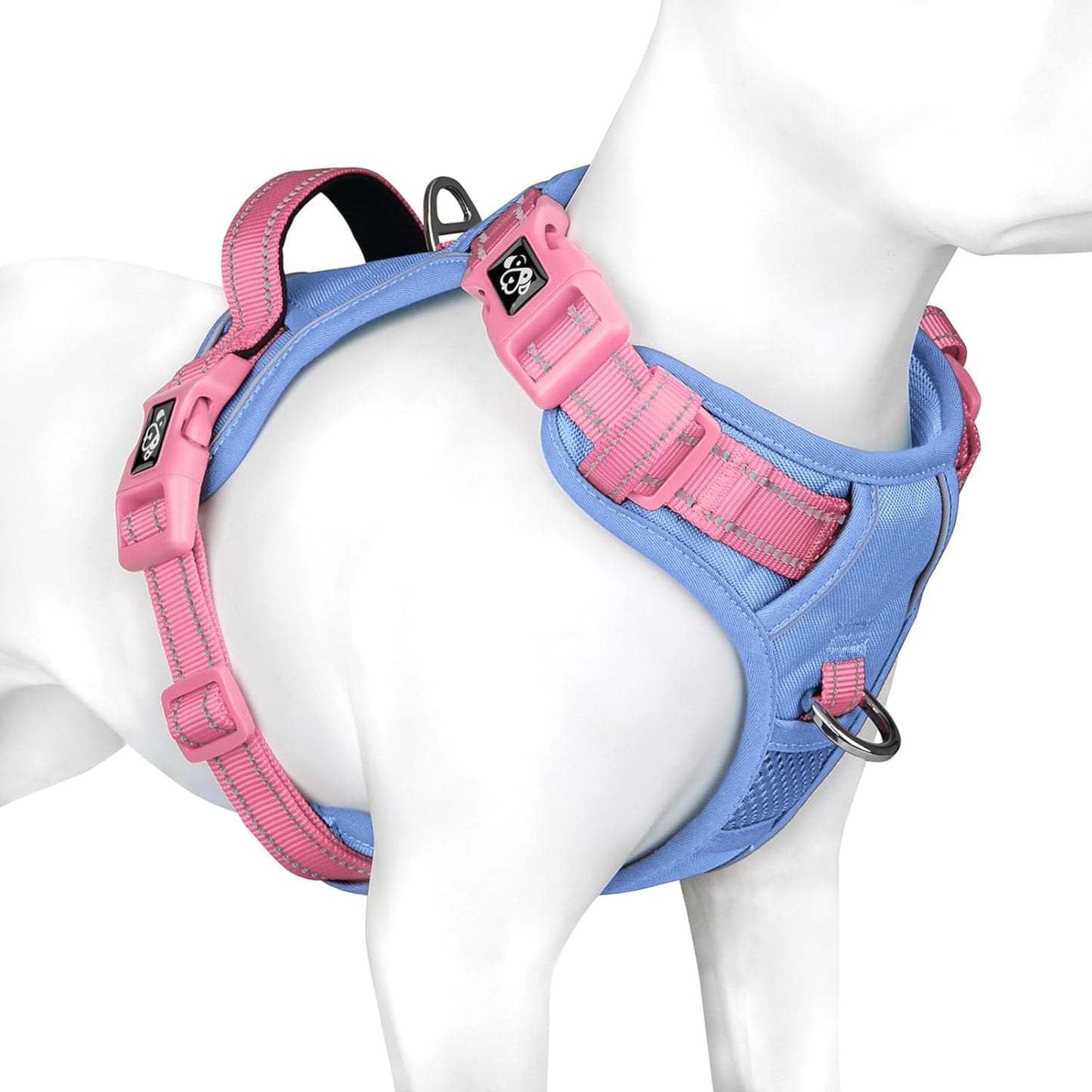 PHOEPET No Pull Dog Harness, Unique Colors Reflective Adjustable Dog Vest, with Soft Training Handle Metal Clips for Small Medium Large Dogs (Baby Blue Base & Pink Straps,L)