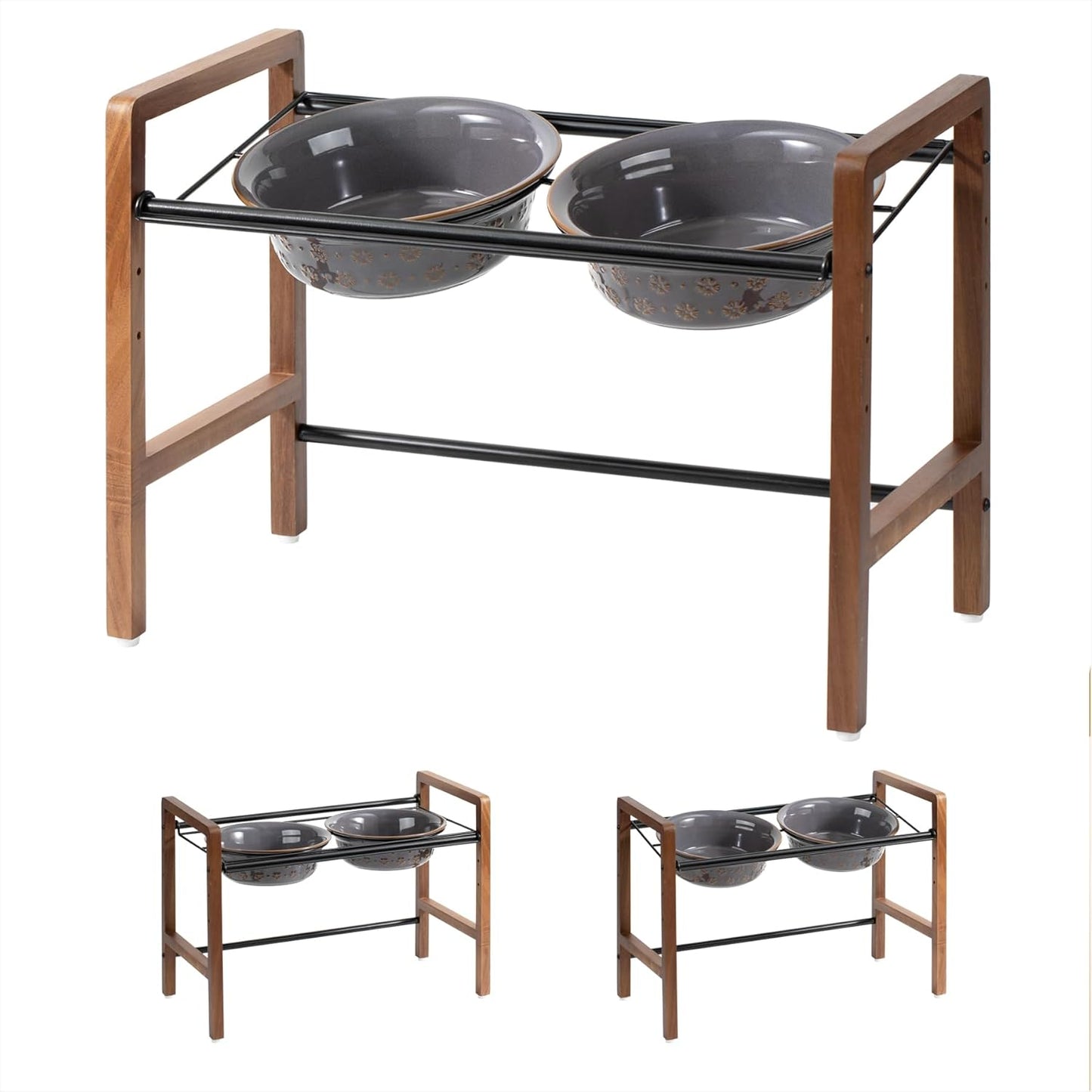 8.7inch Ceramic Adjustable Raised Double Bowls Set with Stand, 3 Heights Elevated, 2 Placement Options,Food and Water Dishes for Large Dog(Double Bowls+Stand, Reactived Glaze -Grey)