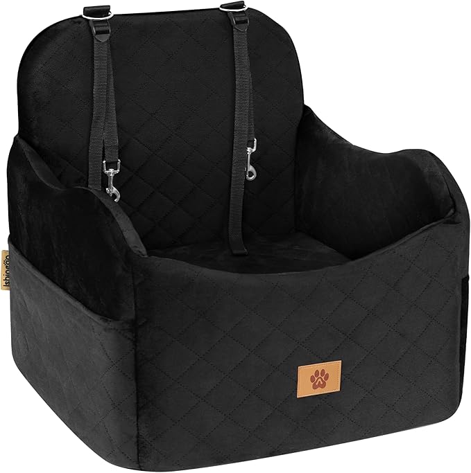 Car Seat Booster for Dog: High-Support Memory Foam Pet Car Seat for Small/Medium Dogs Under 35lbs with Elevated Cushion - Detachable Washable Puppy Travel Bed for Driving with Pockets (Black)