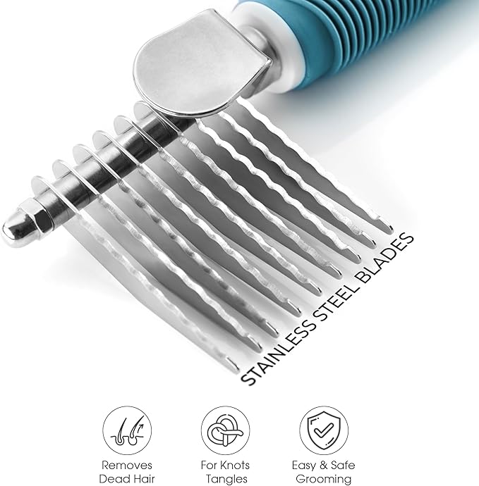 Poodle Dematting Fur Rake Comb Brush for Dogs and Cats - Long 2.5" Steel Safety Blades Metal Comb for Detangling Matted or Knotted Undercoat Hair