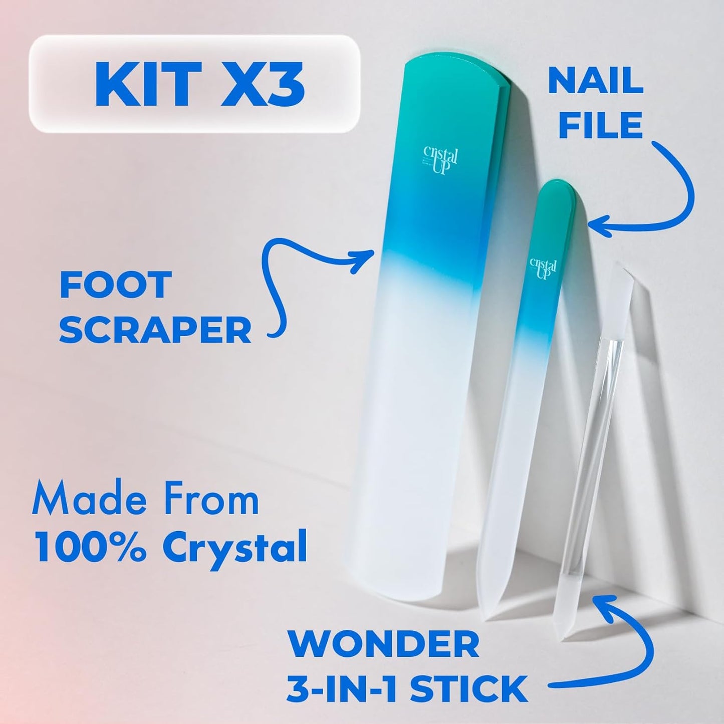 Starter Crystal Care Set - 3PC Includes Glass Foot Scraper, Medium Crystal File, and Cuticle Stick for Natural Nails, Glass File Kit