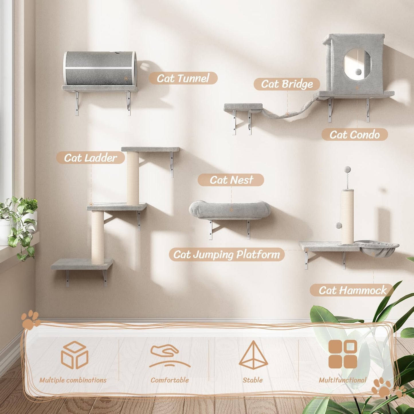 NUNU LAB Cat Wall Shelves Set, 7 Pcs Wall-Mounted Cat Climber with Cat House, Tunnel, Bridge, Scratching Post, Hammock, Wall Shelves, Gray