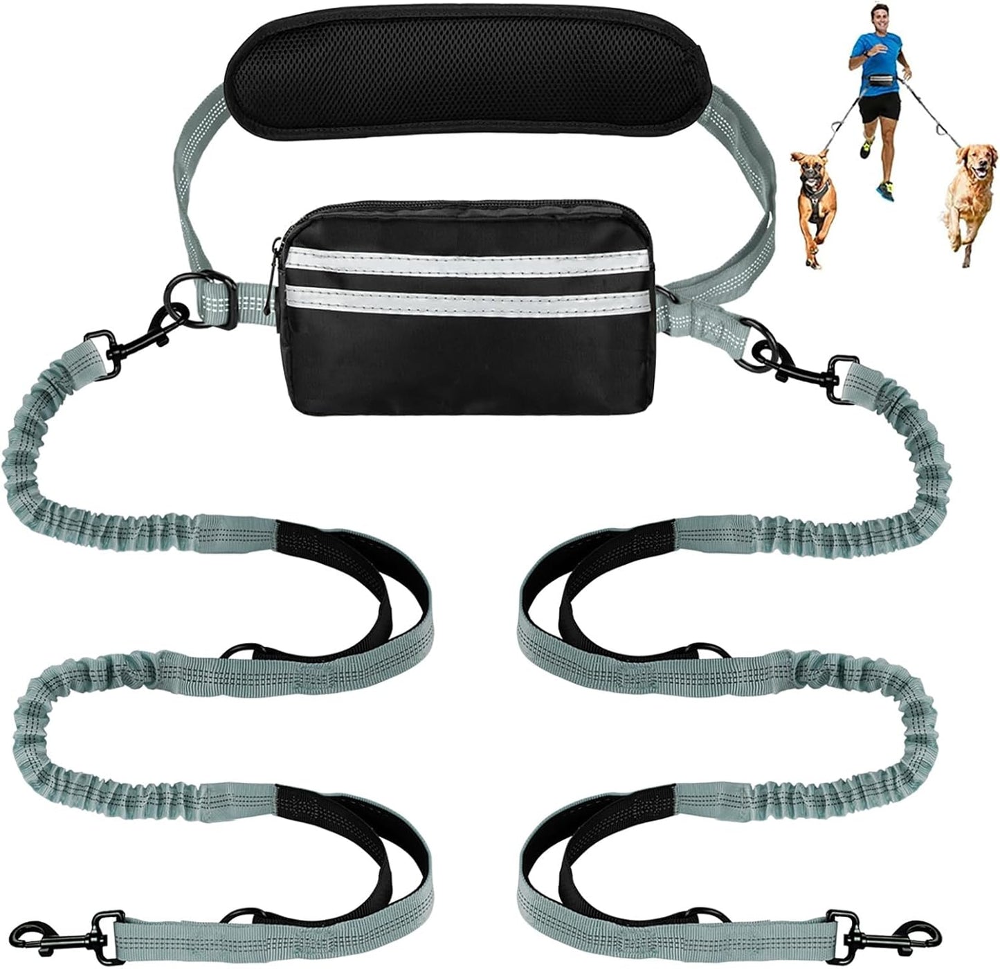 Hands Free Dog Leash with Pouch, Double Leash for Two Dogs, Retractable Bungee with Double Padded Handles, Dog Waist Leash for Dog Walking, Running Leash for Dogs, Dog Walking Accessories