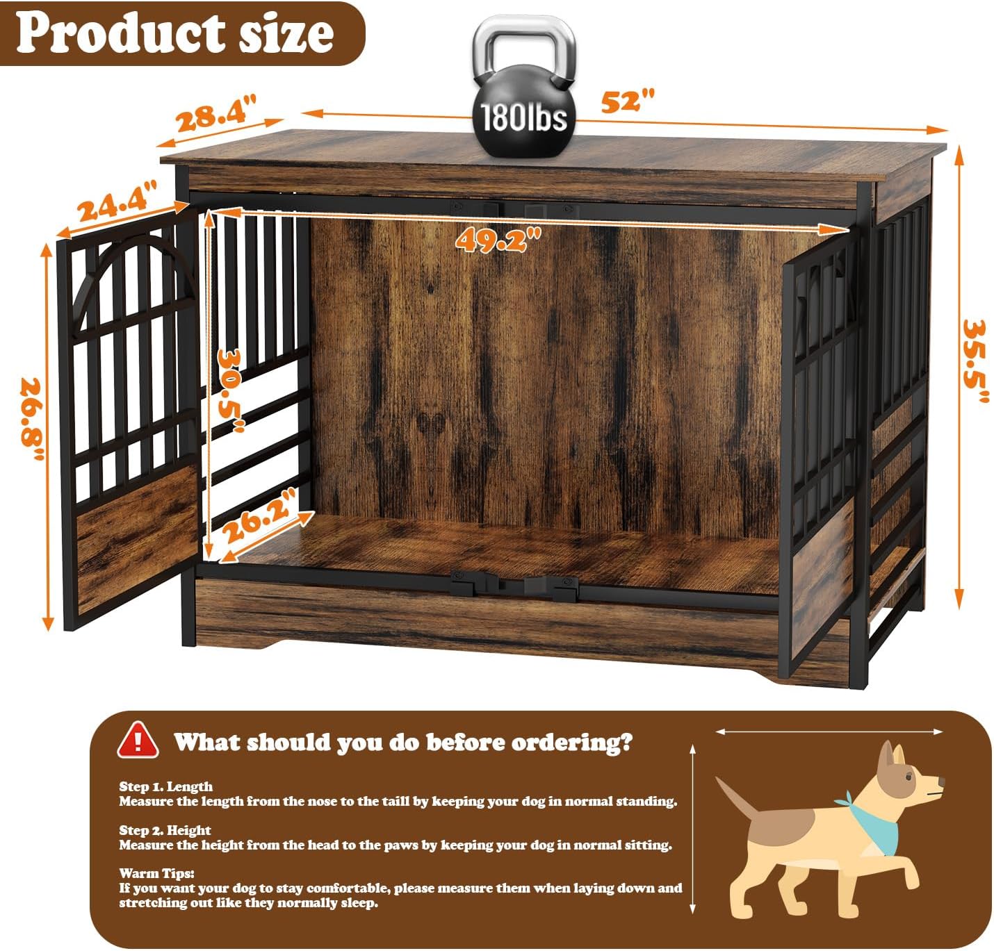 COZPAW 52 Inch Dog Crate Furniture, Extra Large Dog Kennel Indoor for XLarge Breed, Heavy Duty Dog Cage with Double Elegant Arched Doors, Decorate as TV Stand & End Table-Retro Brown