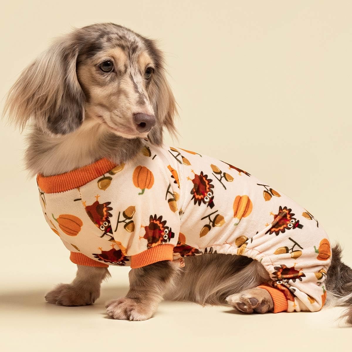 Fitwarm Thanksgiving Turkey Dog Pajamas, Funny Dog Winter Clothes for Small Dogs Girl Boy, Pet Jumpsuit, Cat Onesie with Feet, Lightweight Velvet, Orange, XL