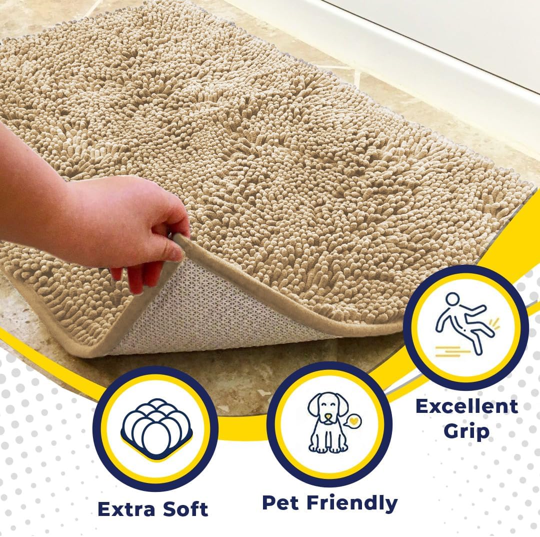 Muddy Mat® AS-SEEN-ON-TV Highly Absorbent Microfiber Door Mat and Pet Rug, Non Slip Thick Washable Area and Bath Mat Soft Chenille for Kitchen Bathroom Bedroom Indoor and Outdoor - Beige XXL 60"X48"