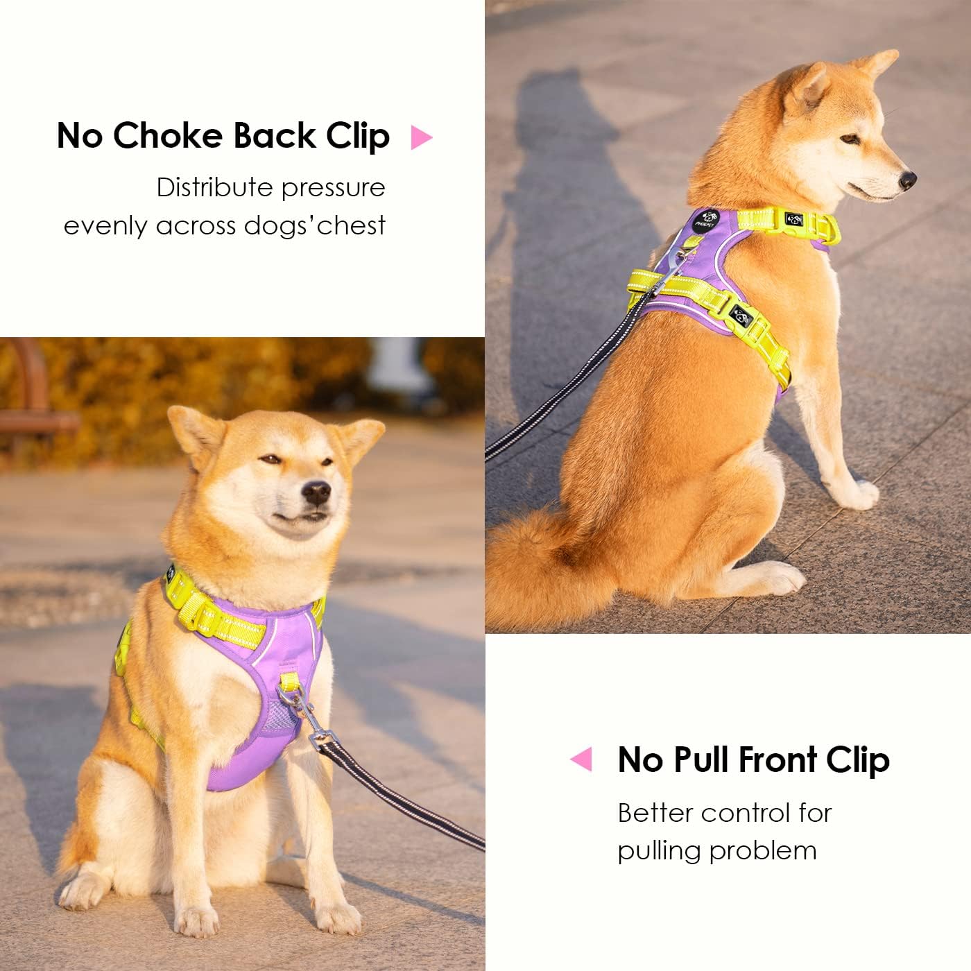 PHOEPET No Pull Dog Harness, Unique Colors Reflective Adjustable Dog Vest, with Soft Training Handle Metal Clips for Small Medium Large Dogs (Baby Purple Base & Yellow Straps,L)