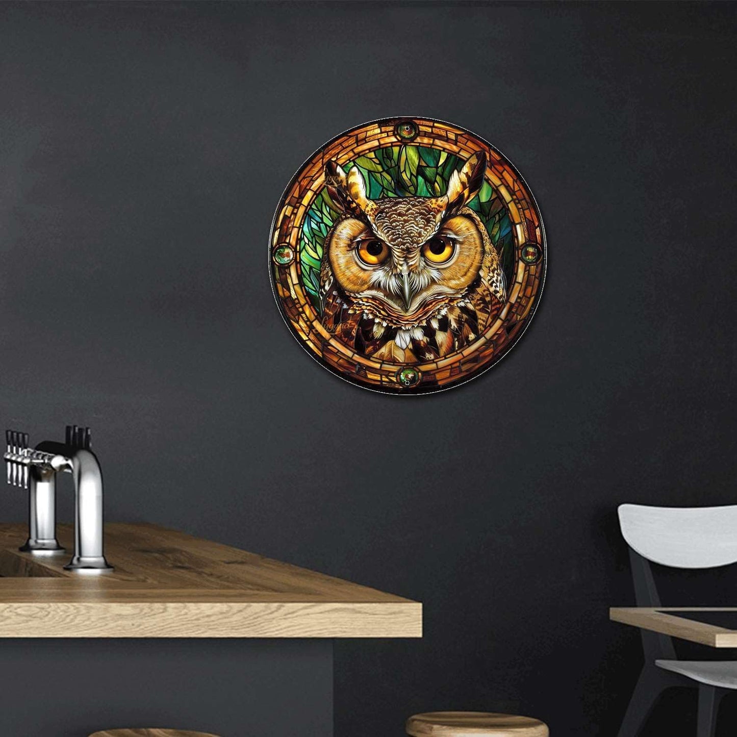 Lygond Metal Sign Tin Sign Circular Stained Glass Owl Home Deccor Store Home Decor for Patio 12×12 Inches
