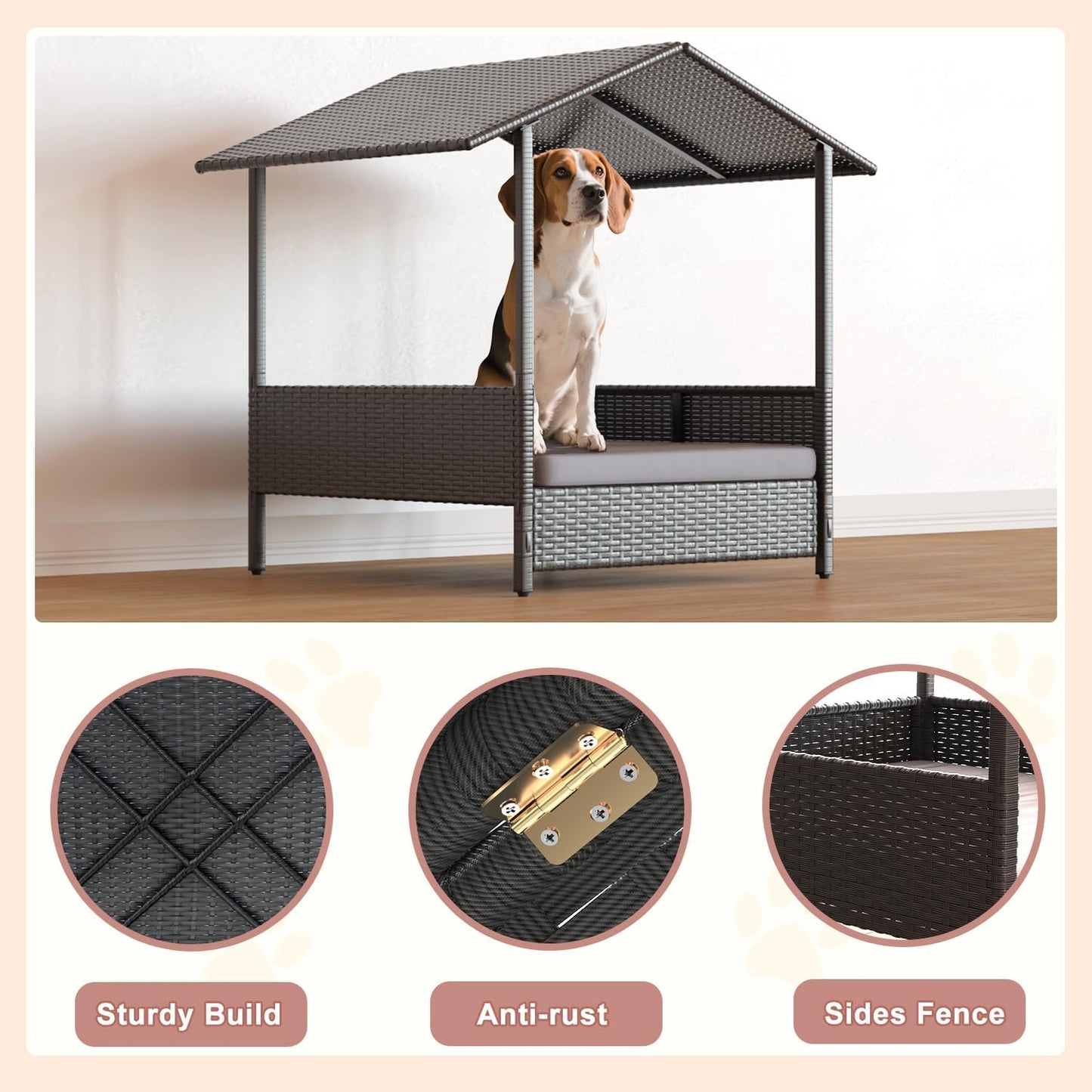 LEMBERI Outdoor Rattan Dog House with Canopy, Indoor Dog Bed for Small/Medium Dogs with Removable Cushion, Washable Cover, Dog Shelter for Patio, Deck, Yard, Pool, Black