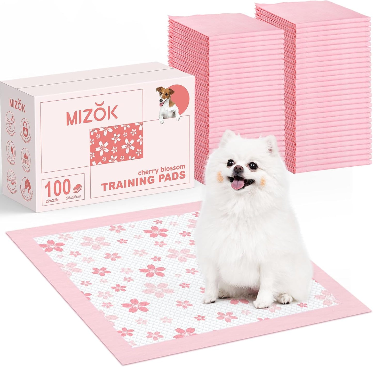 MIZOK Puppy Pads 22"x 22" with Leak-Proof Quick-Dry Design Pee Pads for Dogs Potty Training, 6-Layer Standard Absorbency Dog Pee Pads Regular Size, Pink Cherry Blossom Pattern (100 Counts)