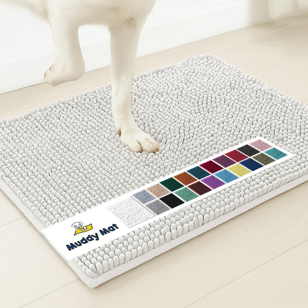Muddy Mat® AS-SEEN-ON-TV Highly Absorbent Microfiber Door Mat and Pet Rug, Non Slip Thick Washable Area and Bath Mat Soft Chenille for Kitchen Bathroom Bedroom Indoor and Outdoor - White 24" x 96"