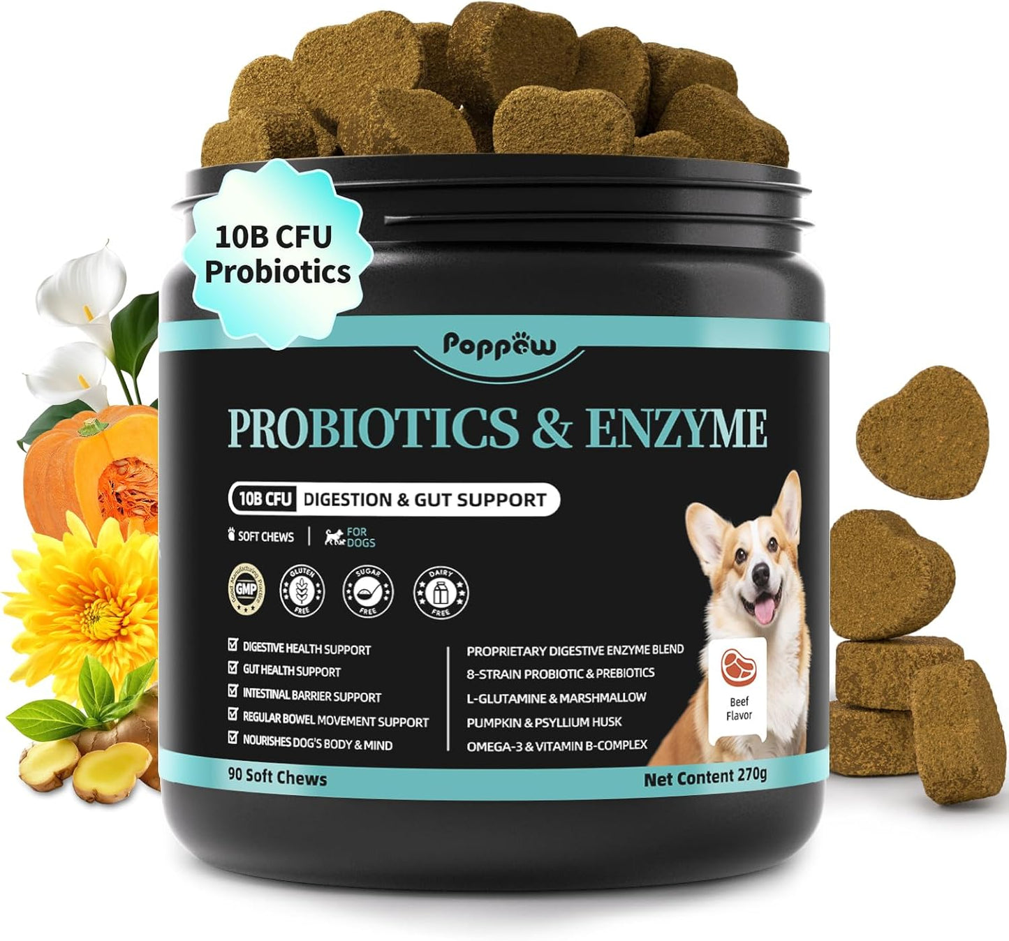 Probiotics for Dogs, Digestive Enzymes for Gut Health Support, Dog Fiber Supplement with Pumpkin for Diarrhea & Bowel Support, Upset Stomach & Gas Relief, Constipation - 90 Count Beef Flavor