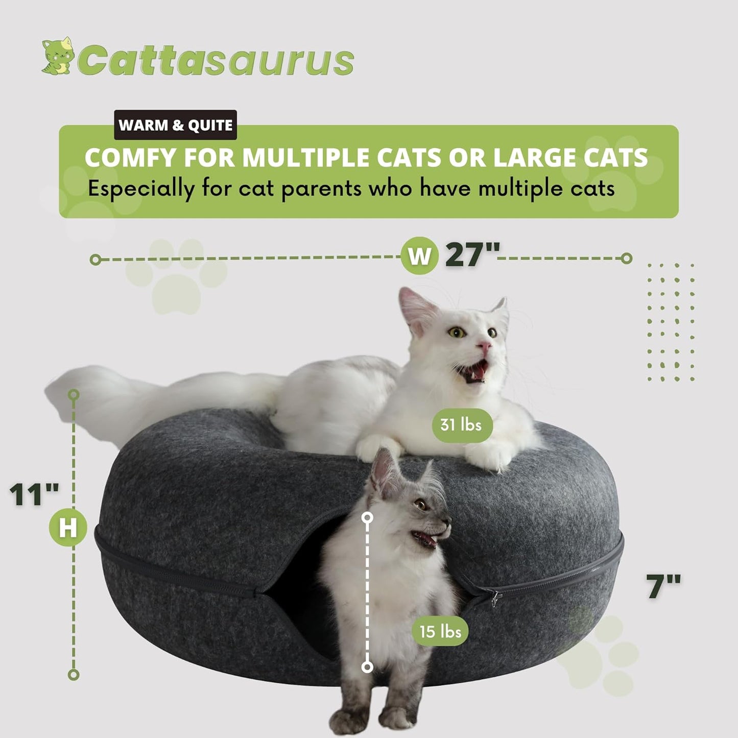 Cattasaurus Peekaboo Cat Cave, Extra Spacious for Multiple & Large Cats 12+ lbs, Scratch Detachable Beds for Indoor Cats, Washable Tunnel Bed, Comfy Cat Donut Tunnel (Dark Gray+Dark Gray, Jumbo)