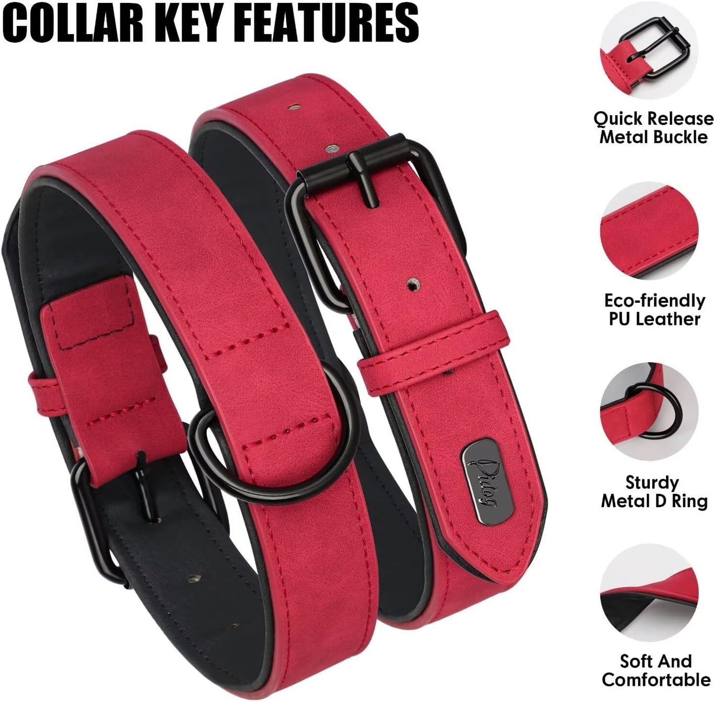 Didog Soft Padded PU Leather Dog Collar, Breathable and Adjustable Red Dog Collars for Medium Dogs, Comfortable for Daily Walk, Red, L Fit Neck 13-17"(22-44 lbs)