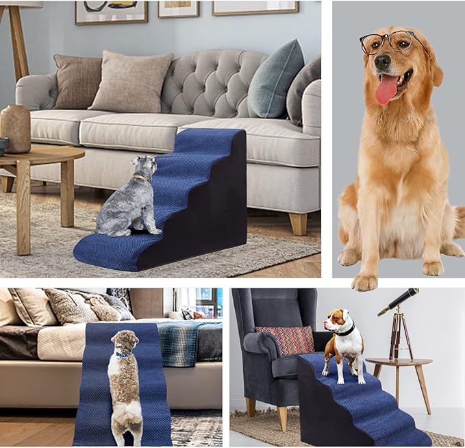 Dog Steps&Stairs for High Beds 24.4 inches High Up to 24-28 inches Bed, Tall Extra Wide Pet Stairs/Steps for High Bedsides,Non-Slip Dog Ramps for Small Older Dogs/Cats(Blue)