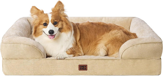 EHEYCIGA Orthopedic Dog Beds for Large Dogs, Waterproof Memory Foam Large Dog Bed with Sides, Non-Slip Bottom and Egg-Crate Foam Pet Couch Bed with Washable Removable Cover, Greige