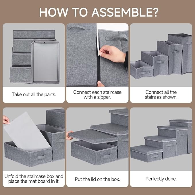 Dog Stairs with Storage, 4-Step Folding Pet Steps for Small Dogs and Cats, Pet Steps Storage with Zip, Pet Stairs for High Bed, Couch and Car Ramp (Gray, 4 Steps no Condo)