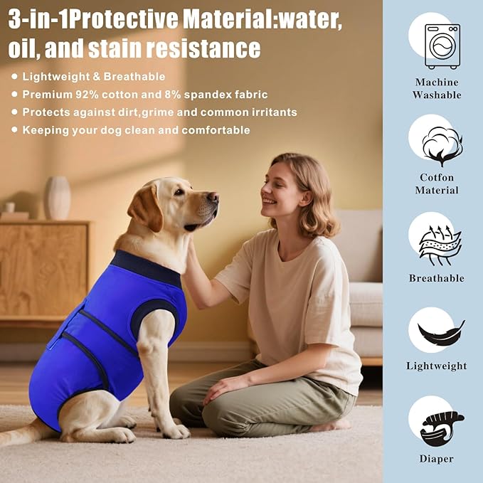 Idepet Dog Recovery Suit Female,Dogs Onesie Suit Surgery Male Breathable Pet Bodysuit for Spay Neuter E-Collar & Cone Alternative Surgical Suit Puppy Abdominal Anti Licking Wounds Shirt (Blue, S)