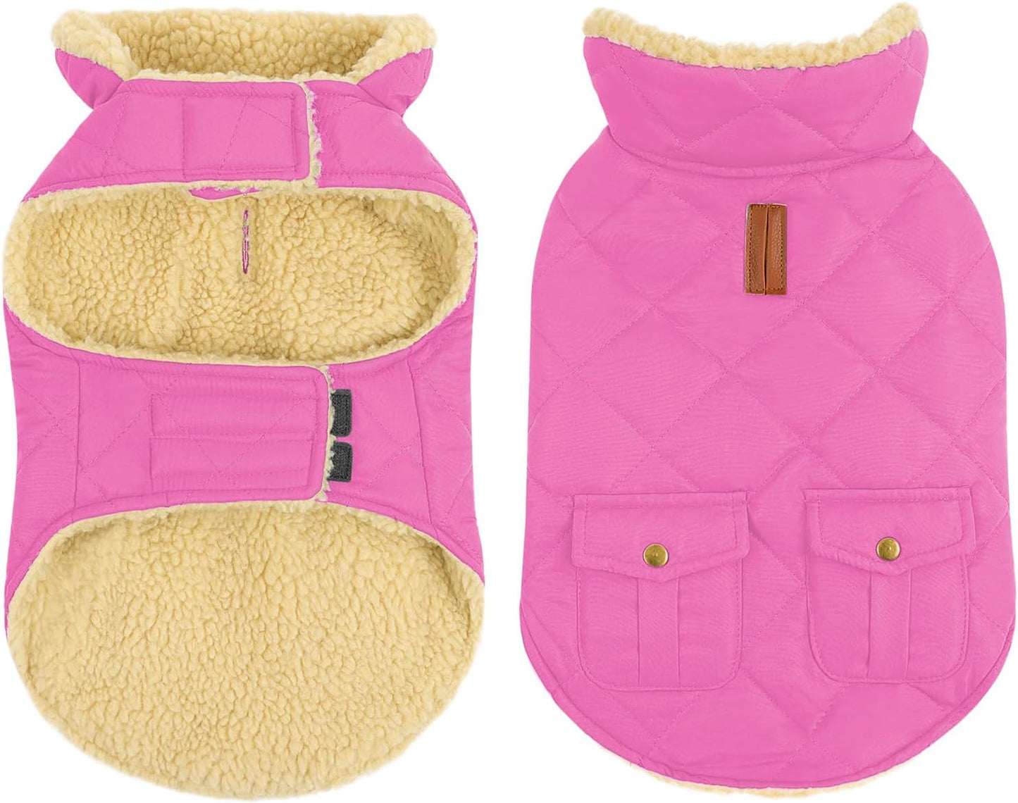 Queenmore Dog Winter Coat - Fleece Jacket, Waterproof Cold Weather Clothes, Thick Warm Cotton Padding, Easy On Storage Pockets (Pink, X-Large)