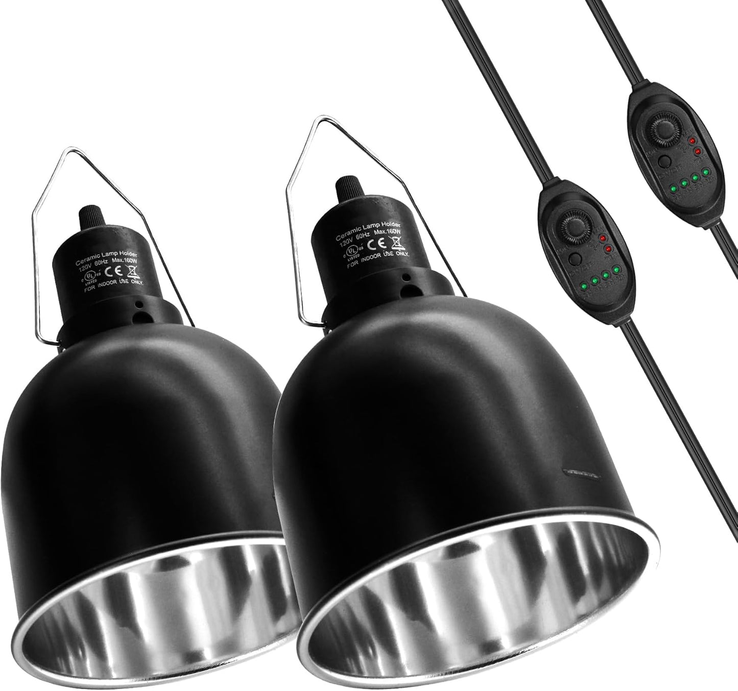 Reptile Light Fixture with Dimming Switch and Timer, 5.5 Inch Deep Dome Reptile Heat Lamp Fixture, Reptile Lamp Fixture Cap for UVB Bulb Basking Heat Bulb for Reptile Glass Terrariums, 2PCS