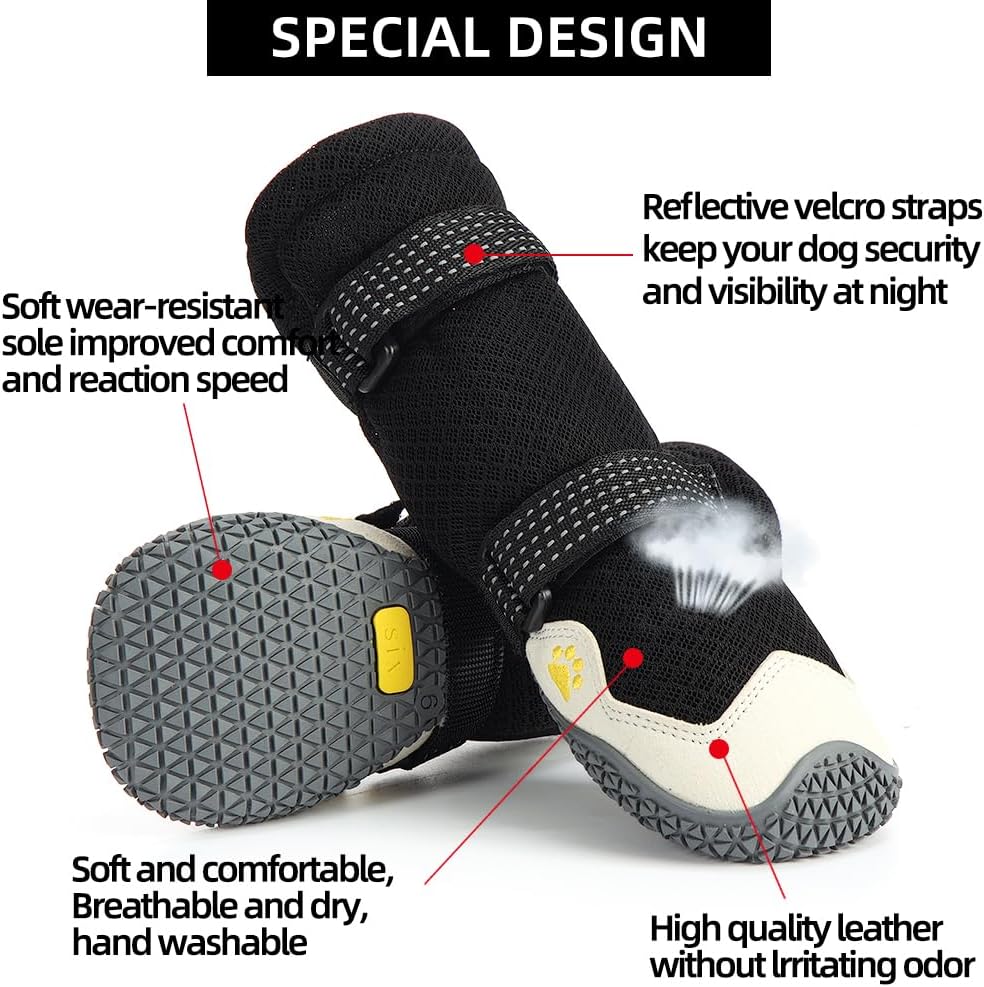 Dog Shoes for Hot Pavement Anti-Slip Dog Boots Waterproof Dog Shoes for Small to Large Dogs with Reflective Straps Pet Dog Boots for Hiking.4Pcs Soft Breathable Paw Protectors for Dogs