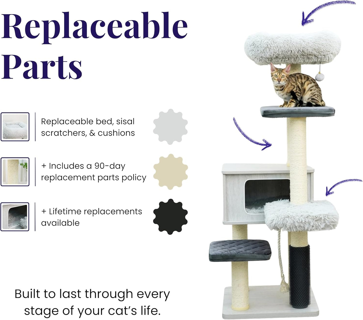 Catry Kasio 6 Level 54" High Modern Cat Tree with Laminated Wood Condo,Replaceable Scratching Posts,Removeable Washable Beds, Self Grooming Brush and Toys.(Light Gray)