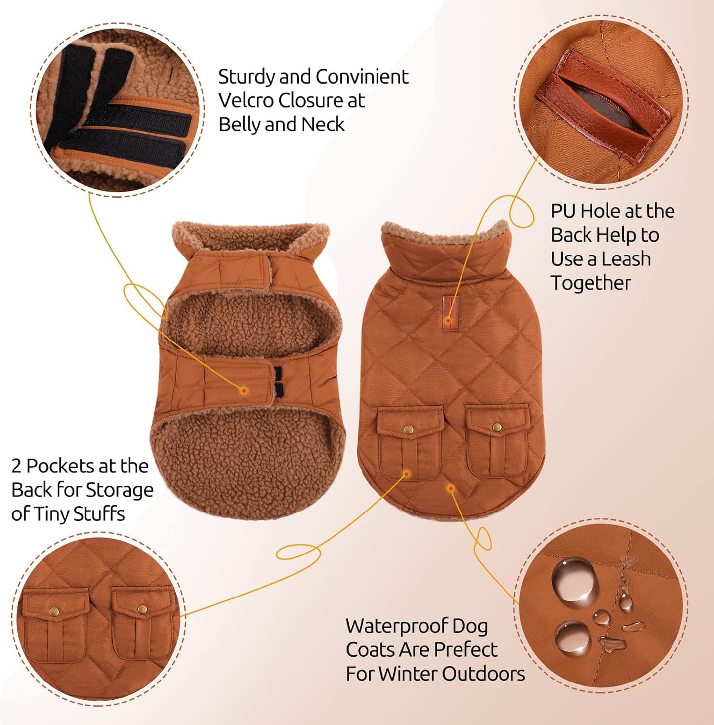 Queenmore Warm Puffer Dog Coat, Quilting Winter Jacket Ultra Thick Plush Lining with Storage Pockets (Brown, Small)