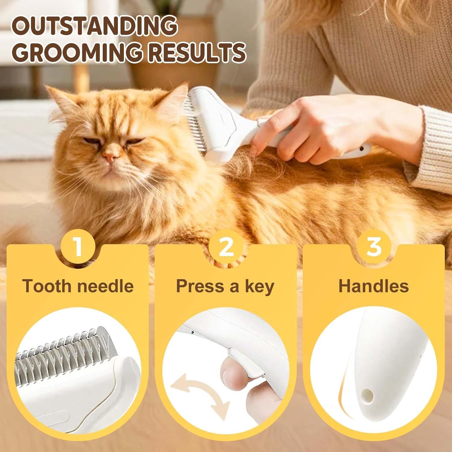 Pet Grooming Brush, 2025 New Self Cleaning Metal Comb, Detangling and Dematting Long, Matted Fur on Cats and Dogs, Easy to Remove Loose Undercoat, One Click Removal (Yellow)