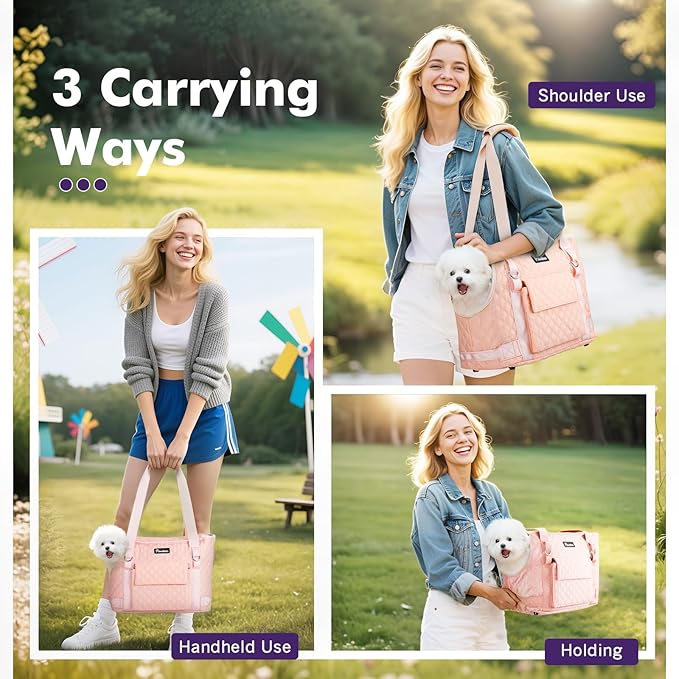 Pawaboo Dog Purse Carrier for Small Dogs with Pocket, Lightweight Dogs and Puppies Tote Bag Carrier, Dog Carriers Soft Sided for Puppy Cat Rabbit, Shopping Travel Puppy Carriers Under 11 LBS, Pink