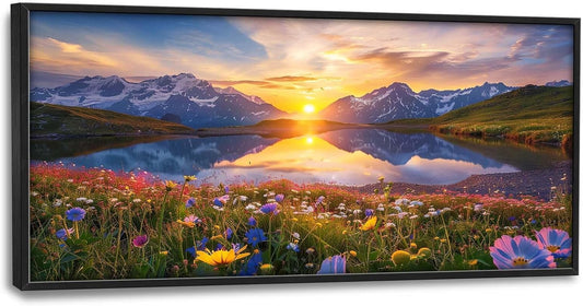 Mountain Large Wall Art Sunrise Lake Flower Field Pictures Nature Landscape Wall Decor Canvas Print Painting Artwork for Bathroom Living Room Bedroom 60L" x 30W"