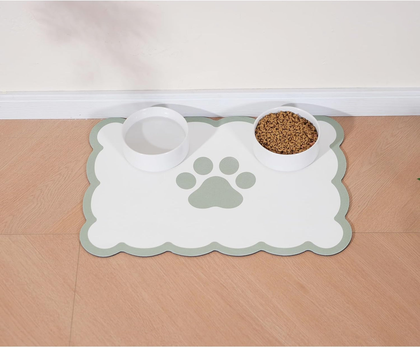 Ralxion Scalloped Dog Feeding Mat, Absorbent Mats for Dog Food and Water Bowl, Dispenser, Cute Elegant Aesthetic Sage Green Scallop Pet Placemat for Dogs, Cats, Puppy Accessories, 17" X 24”