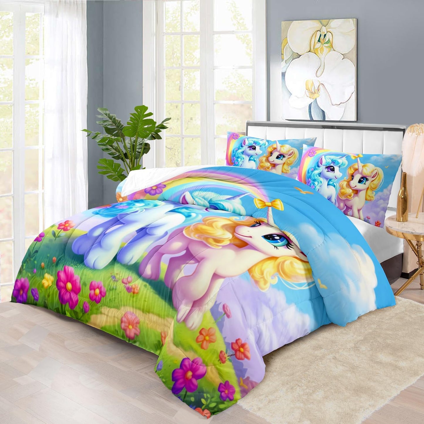 Unicorn Comforter Set Full,Kawaii Unicorn Bedding Set Full Kids,Rainbow Comforter Blue Bedroom Decor,Cute Animal Bedding Rainbow Bed Decor for Girls,Cartoon Blue Floral Quilt