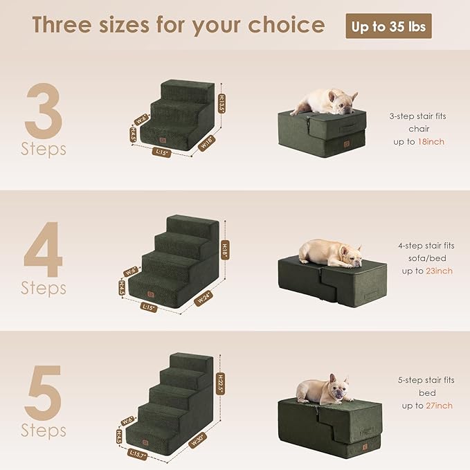 EHEYCIGA Dog Stairs for Small Dogs 13.5" H, 3-Step Dog Steps for Couch Sofa and Chair, Pet Steps for Medium Cats, Non-Slip Balanced Pet Ramp Indoor, Olive Green