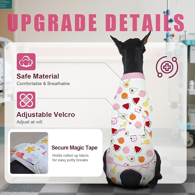 Recovery Suit for Dogs After Surgery, Professional Dog Surgical Suit for Female Spay, Male Neuter, E-Collar & Cone Alternative Dog Onesie for Abdominal Wounds Skin Disease, Fruit, S