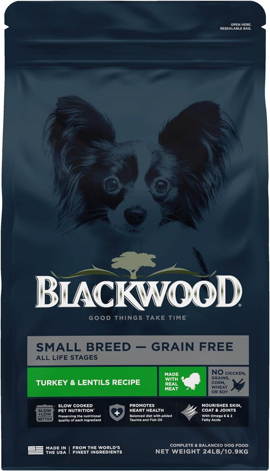Blackwood Grain Free Small Breed Dry Dog Food, Turkey & Lentils Recipe, 24 Pound Bag for All Life Stages, Slow Cooked with Taurine and Fish Oil to Promote Heart Health
