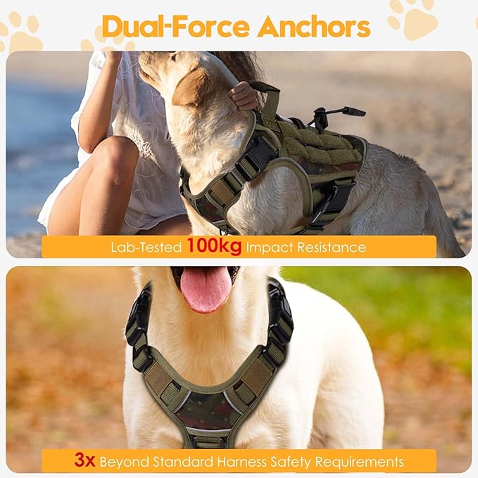 Heavy-Duty Tactical Dog Harness for Large Dogs, No Pull Adjustable Reflective Pet Vest with Molle System, K9 Military-Grade Control for Service Training, Outdoor & 10+ Breeds, Green Camo, Small
