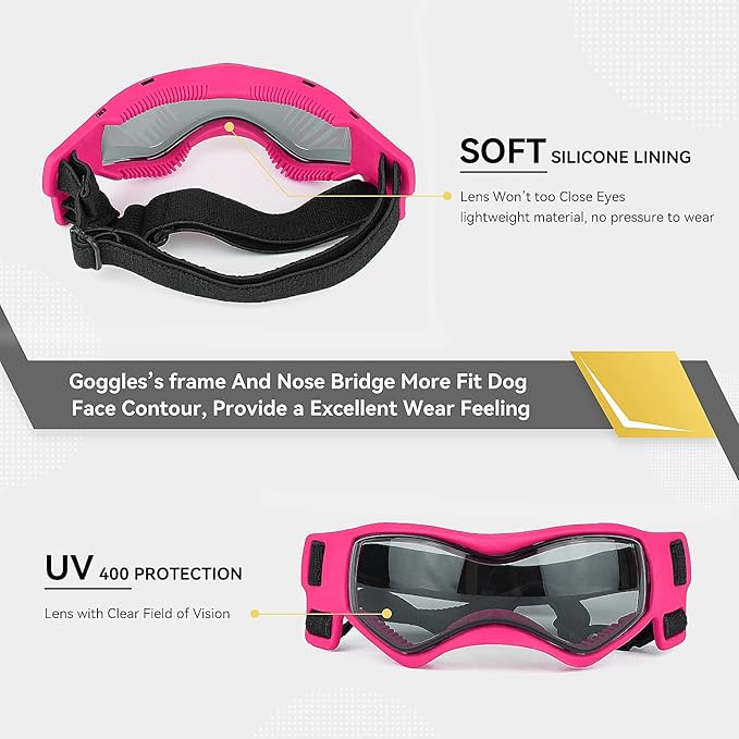 Dog Goggles Dog Sunglasses for Small Breed UV Protection Windproof with Adjustable Head Straps Chin Straps for Ride Car/Hiking Travel/On Beach-Pink