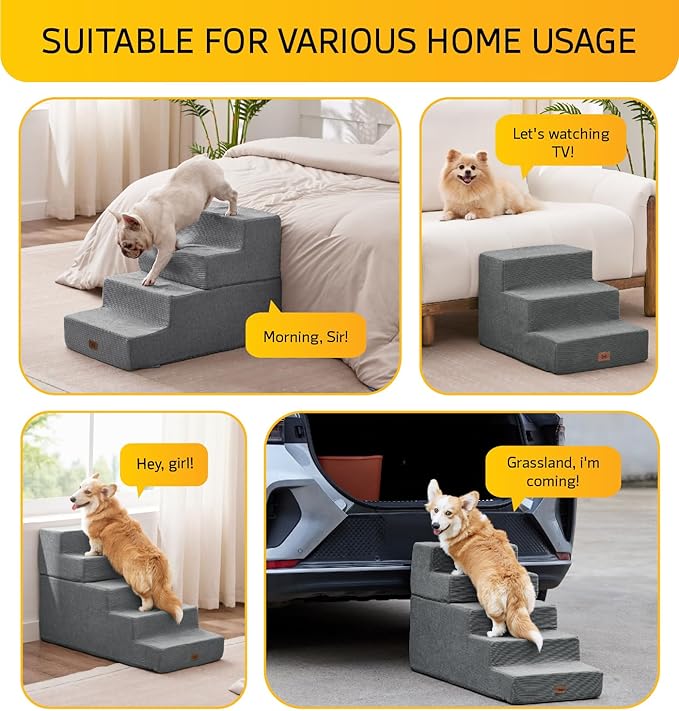 Dog Stairs for High Bed, Dog Steps for Bed Couch Sofa, 35D Foam Extra Wide Pet Steps for Small Dogs and Cats, Pet Stairs with Non-Slip Bottom Grey, 2 Steps