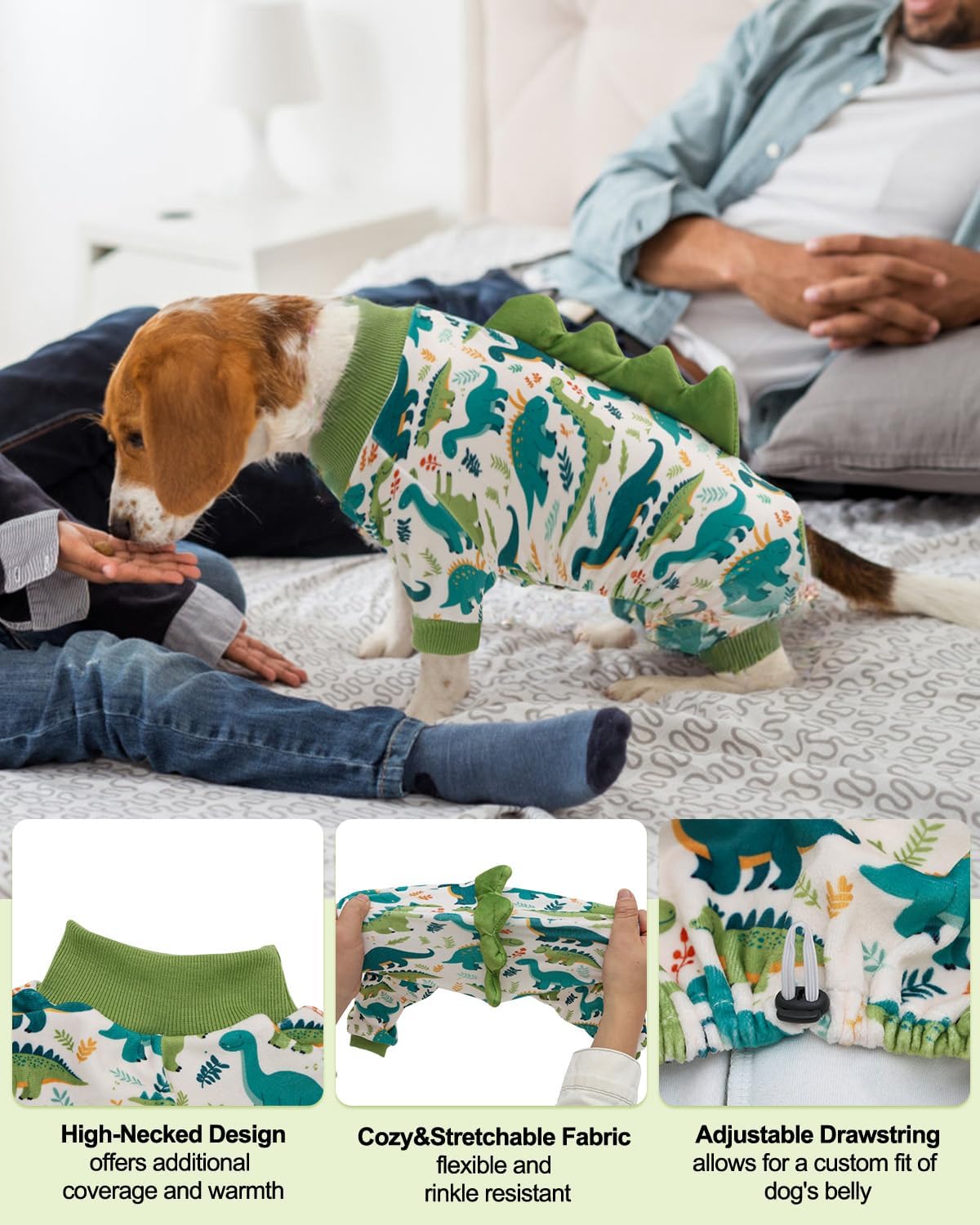 CuteBone Dinosaur Costume Dog Pajamas, Stretchy Spandex Crystal Velvet Sleepwear Coat for Small Dogs, Soft & Warm Pet Outfit Clothes for Cold Weather, Cozy Pullover Design COSP05M