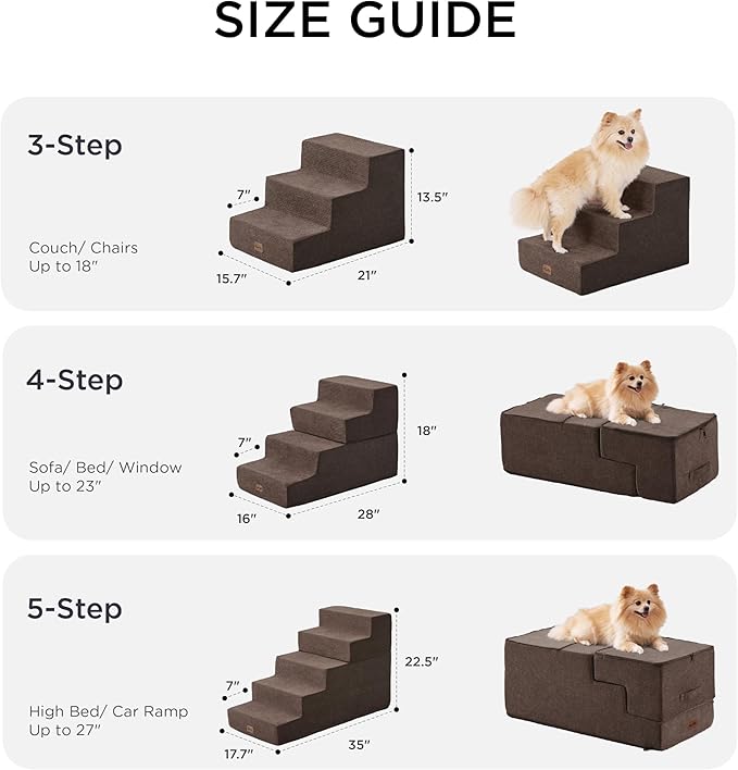 Made4Pets Dog Steps for Bed, Extra Wide Dog Stairs for High Bed Couch Sofa, 35D Foam Pet Steps for Small Dogs and Cats, Non-Slip Bottom Pet Stairs, Brown, 4 Steps