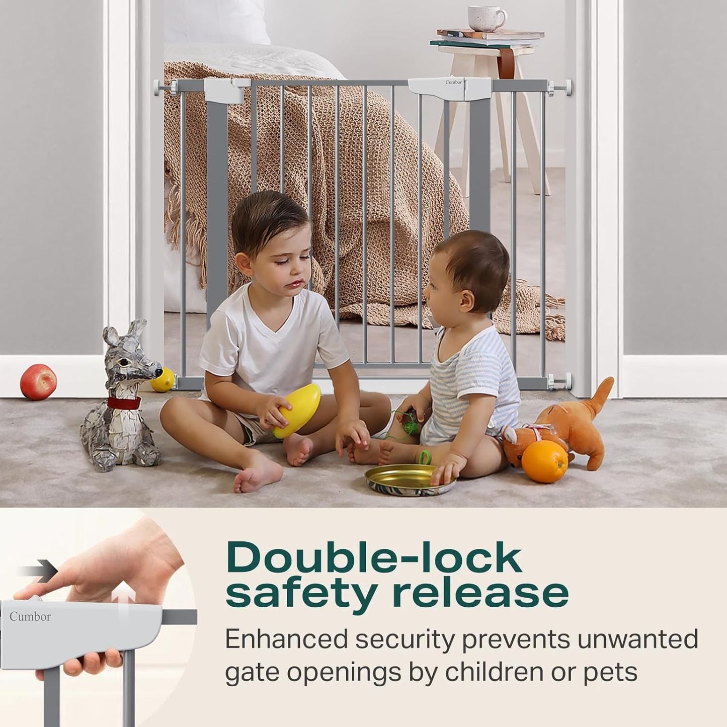 Cumbor 29.7"-40.6" Baby Gate for Stairs, Mom's Choice Awards Winner-Dog Gates for Doorways, Pressure Mounted Auto-Close Pet Gates for Dogs Indoor, Safety Child Gate with Easy Walk Thru Door, Gray