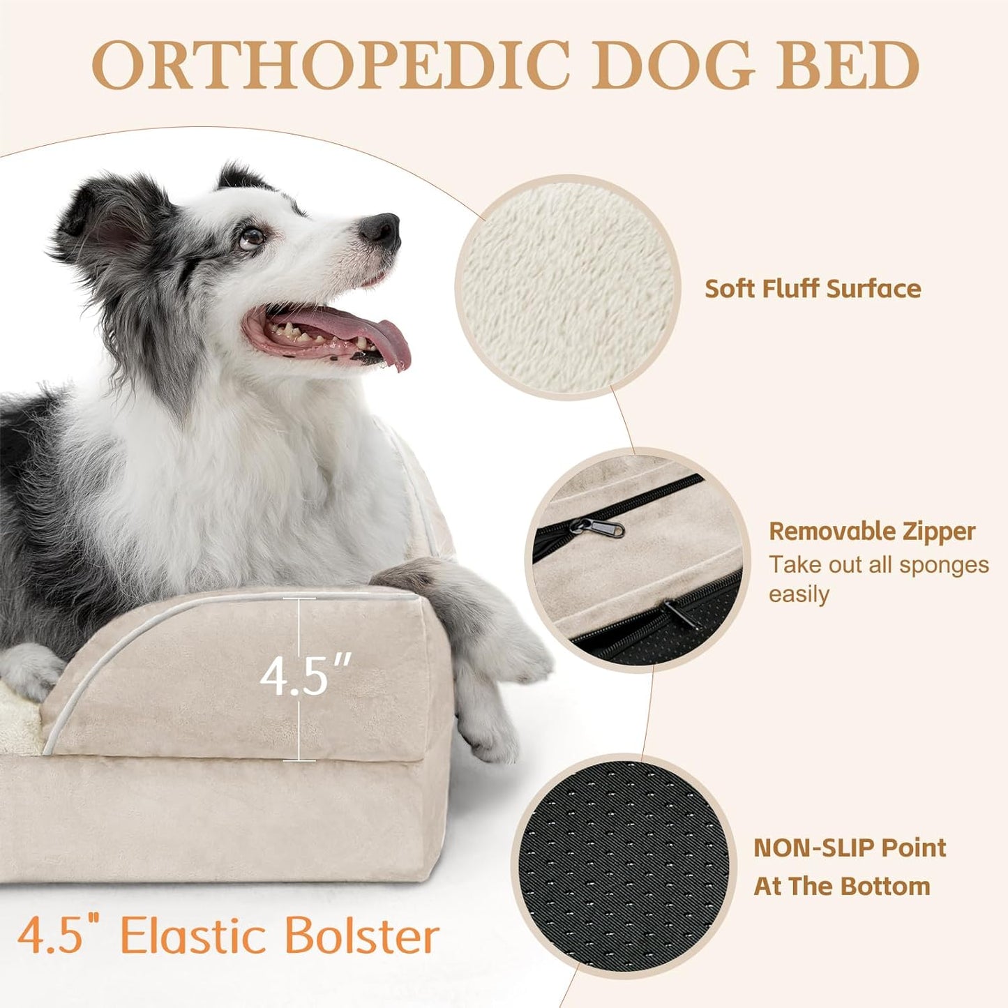 Comfort Expression Waterproof Dog Beds for Large Breed Dogs, Large Dog Beds Orthopedic Foam, Comfy Pet Bed Sofa with Washable Removable Cover & Non-Slip Bottom(Beige)