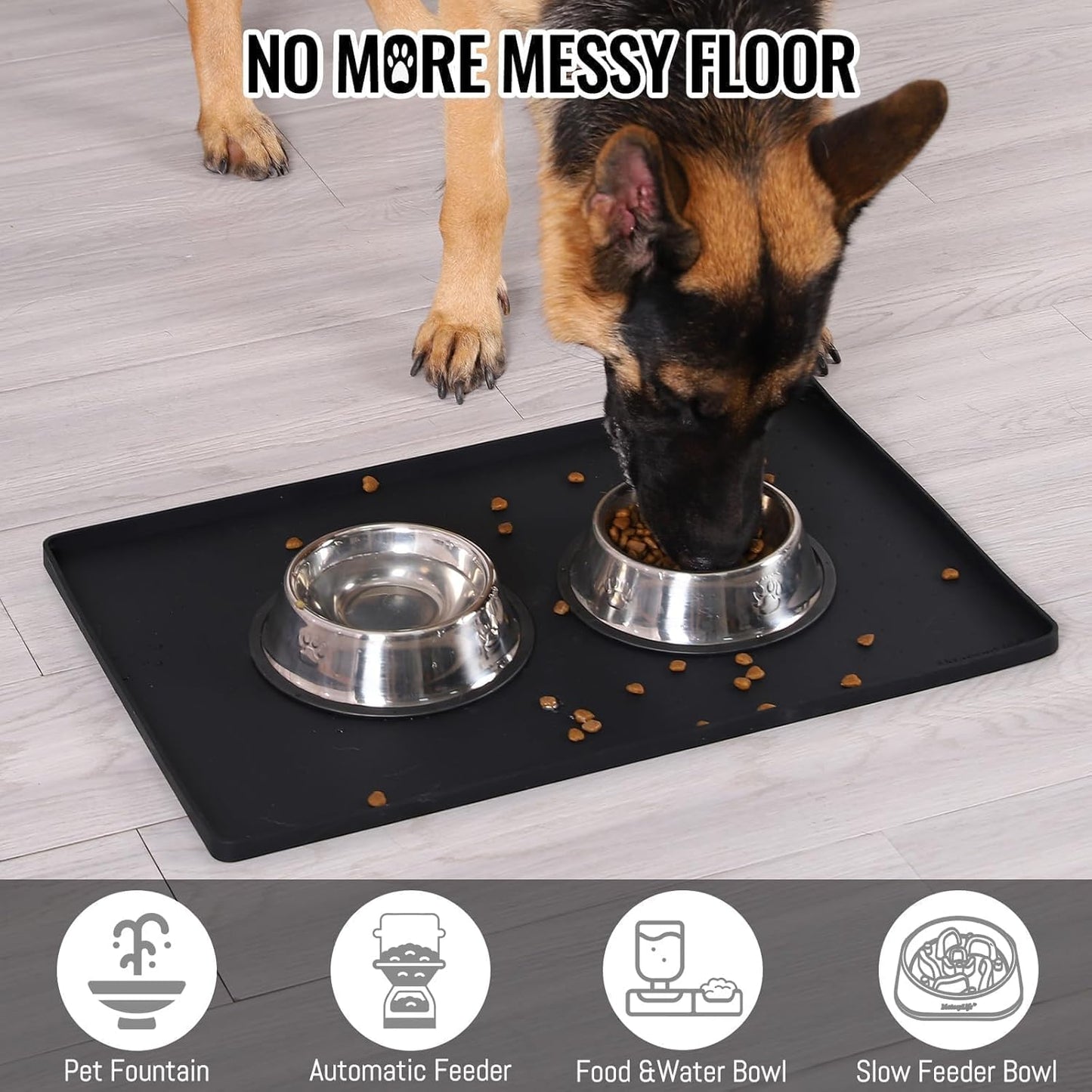 MateeyLife Dog & Cat Food Mat for Floors Waterproof, Nonslip Dog Bowl Mats for Food and Water, Dog Feeding Mats with Raised Edges, Silicone Cat & Dog Water Matt Tray for Messy Drinkers, 18"x12", Black